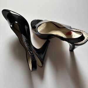 Anne Klein Glossy Black Peep-Toe Heels